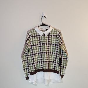 Jones New York Green Houndstooth Sweater with mock blouse (M) New